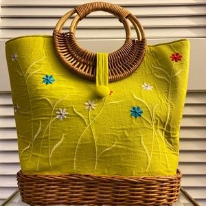 Wicker and Lime Green Flower Purse